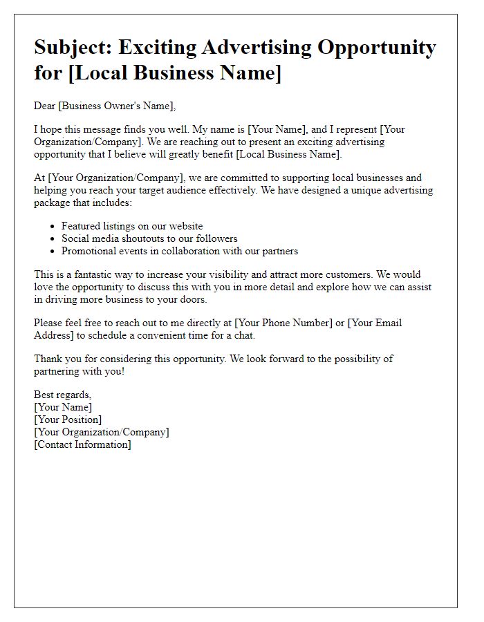 Letter template of advertising opportunity pitch for local business support.