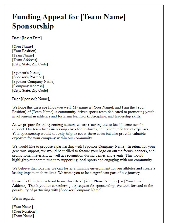 Letter template of funding appeal for sports team sponsorship.