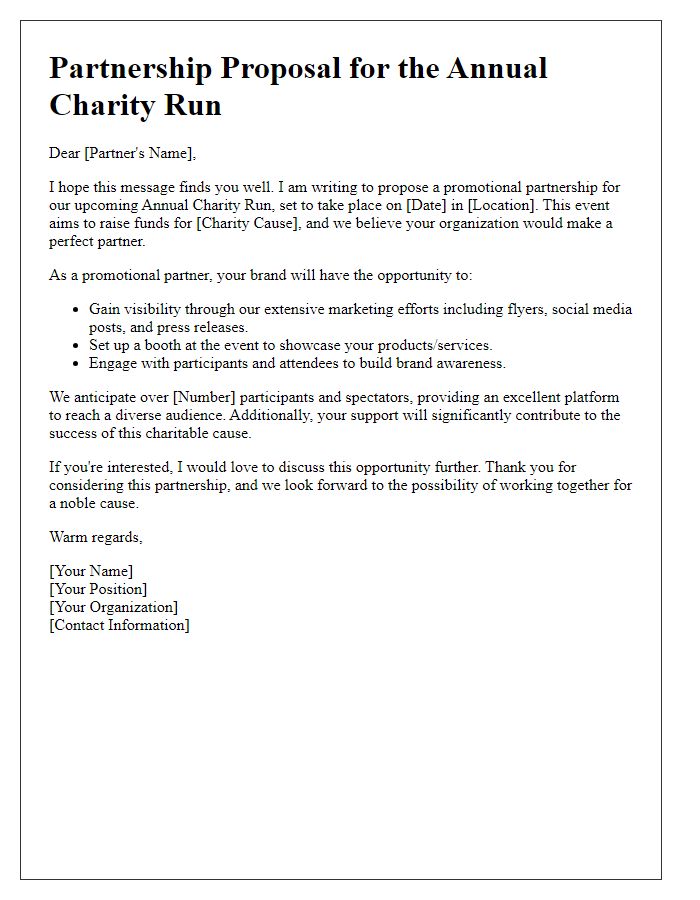 Letter template of promotional partnership offer for charity run.