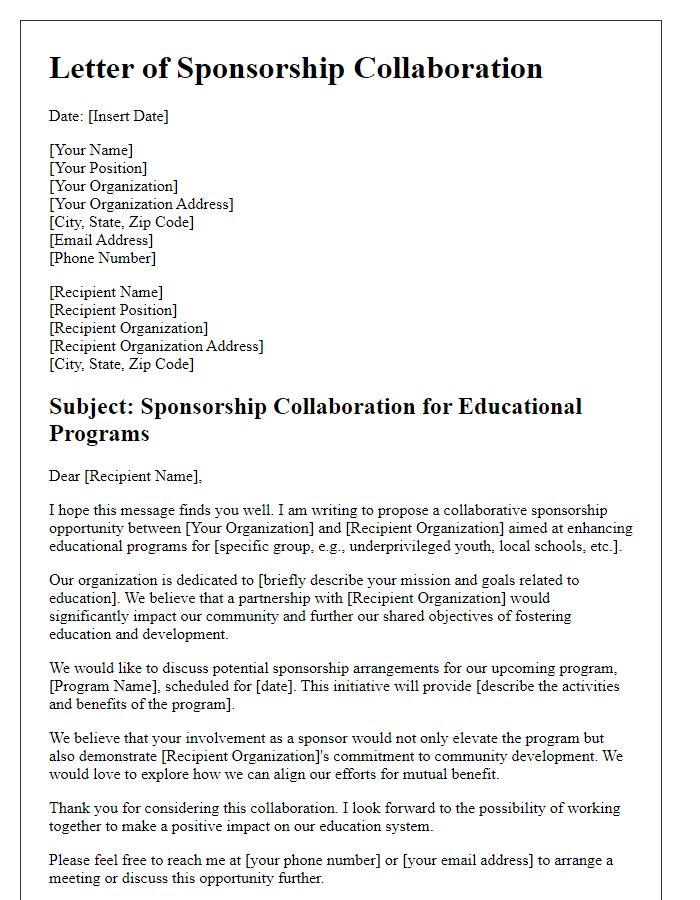 Letter template of sponsorship collaboration for educational programs.