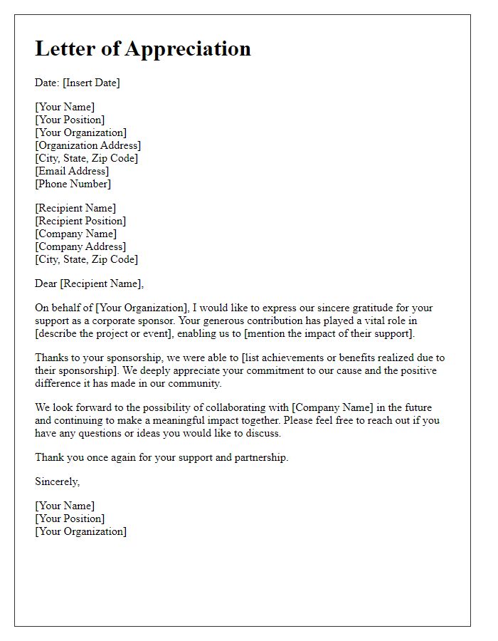 Letter template of appreciation for corporate sponsorship