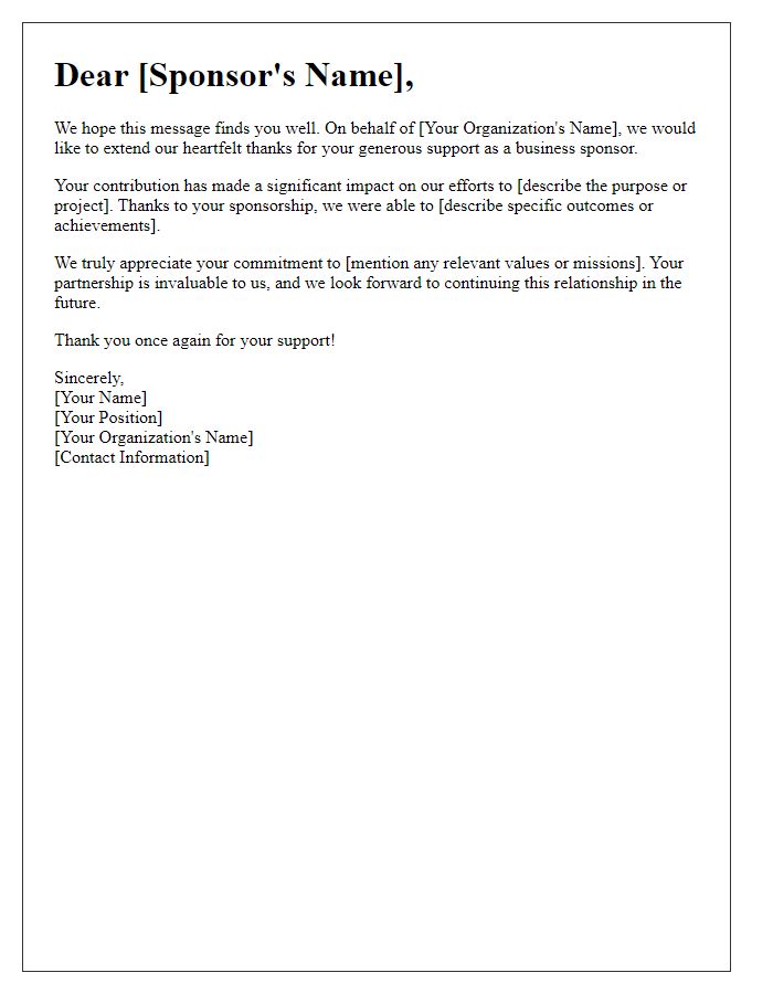 Letter template of special thanks to our business sponsor