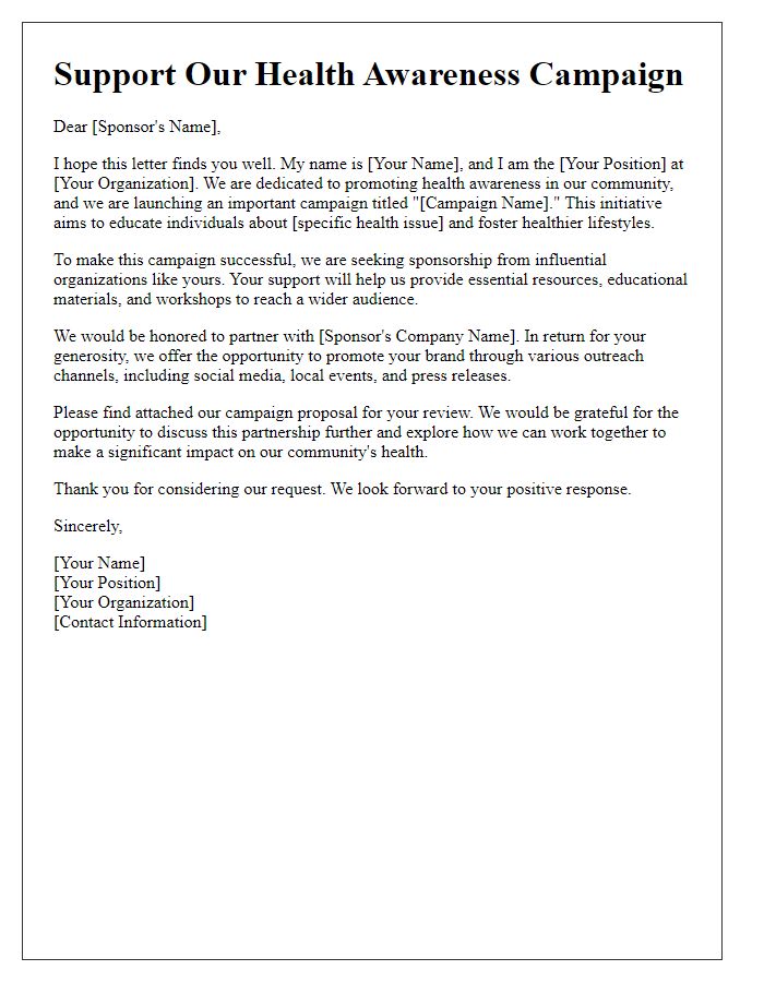 Letter template of sponsorship appeal for health awareness campaign.