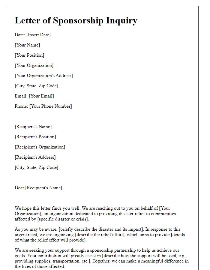 Letter template of sponsorship inquiry for disaster relief efforts.