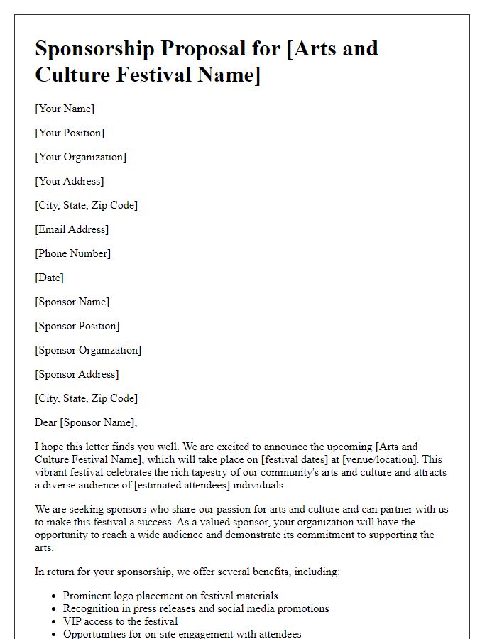 Letter template of sponsorship proposal for arts and culture festival.