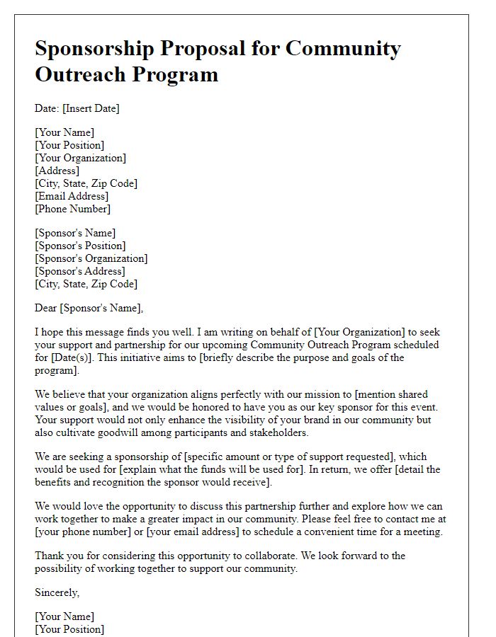 Letter template of sponsorship proposal for community outreach program.