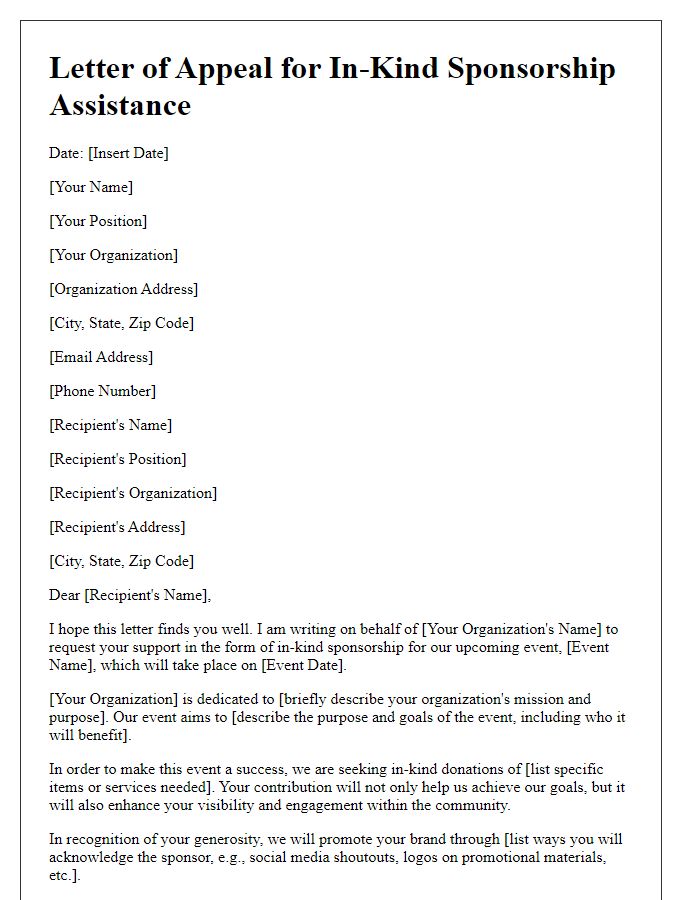 Letter template of the appeal for in-kind sponsorship assistance