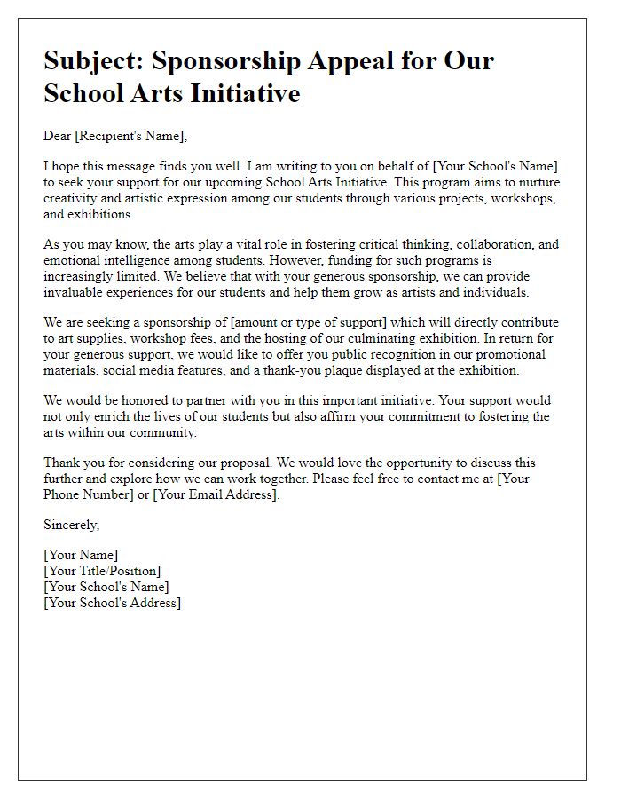 Letter template of sponsorship appeal for school arts initiative