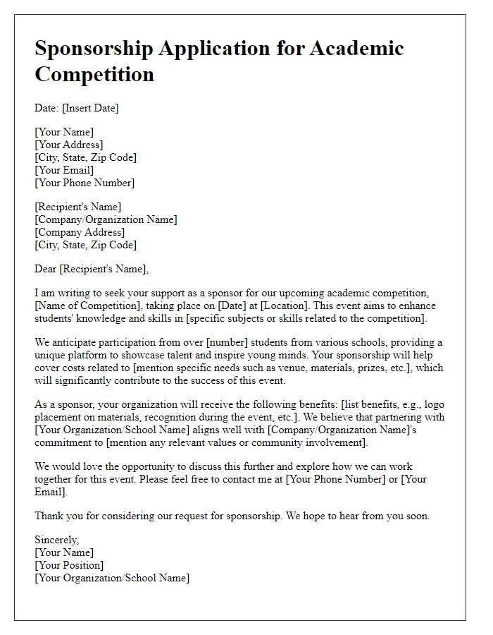 Letter template of sponsorship application for academic competition