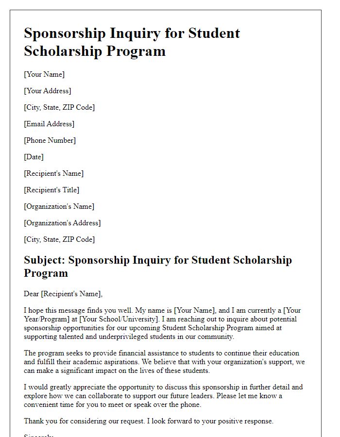 Letter template of sponsorship inquiry for student scholarship program