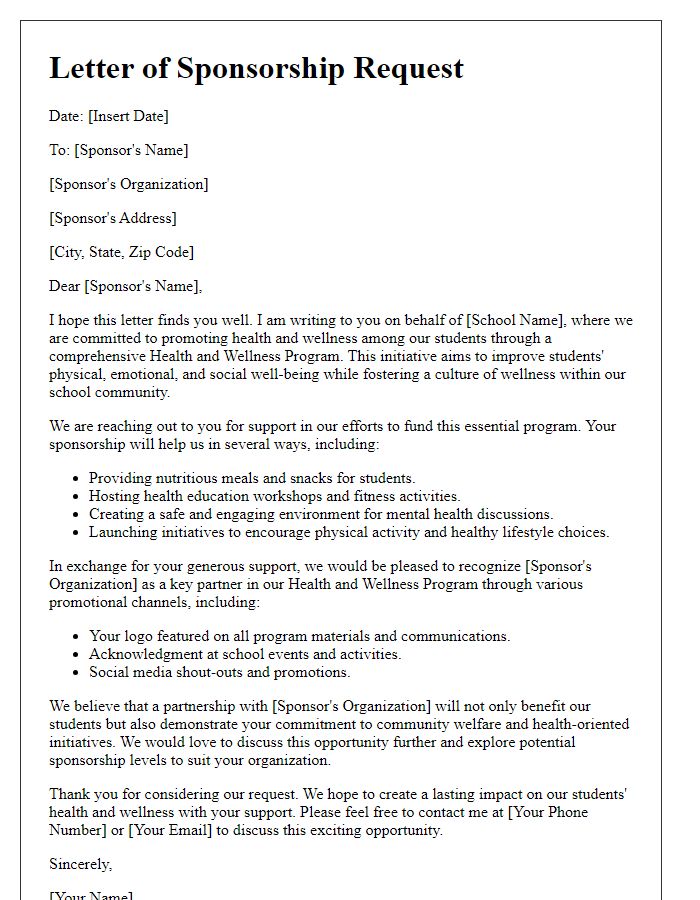 Letter template of sponsorship plan for school health and wellness program