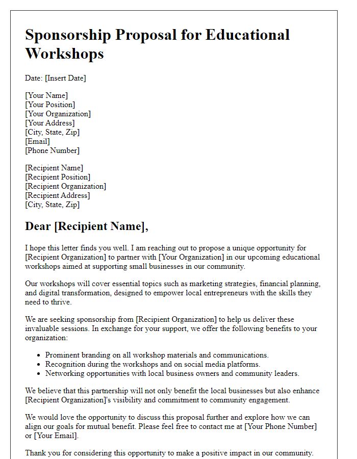 Letter template of sponsorship proposal for educational workshops to small business