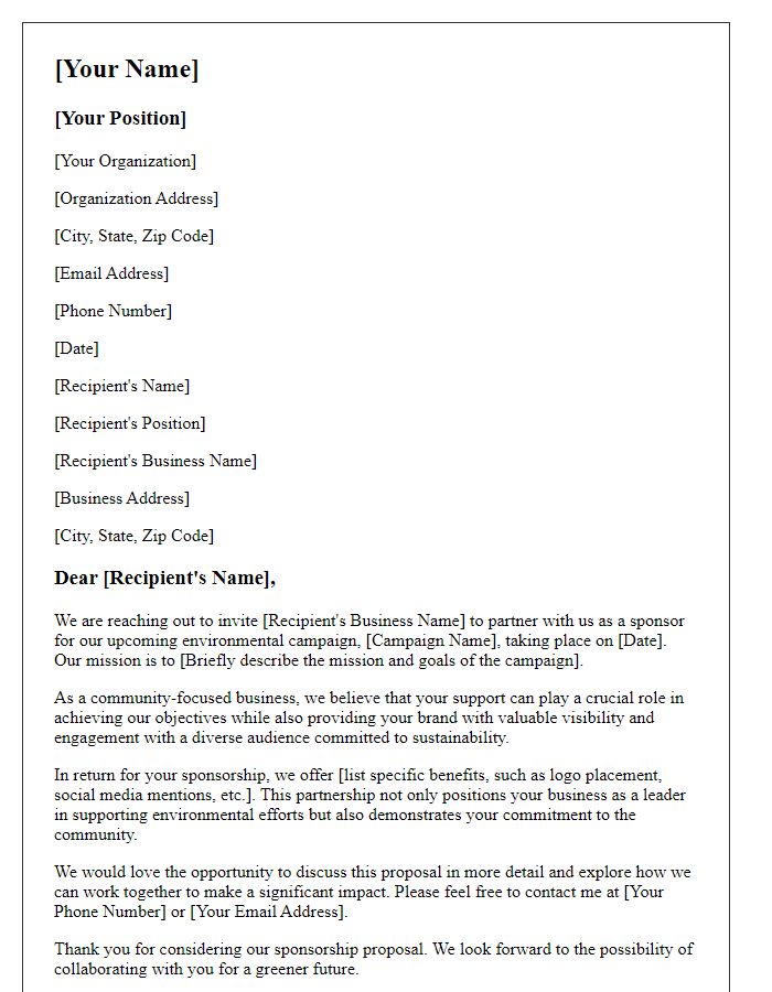 Letter template of sponsorship proposal for environmental campaigns to small business