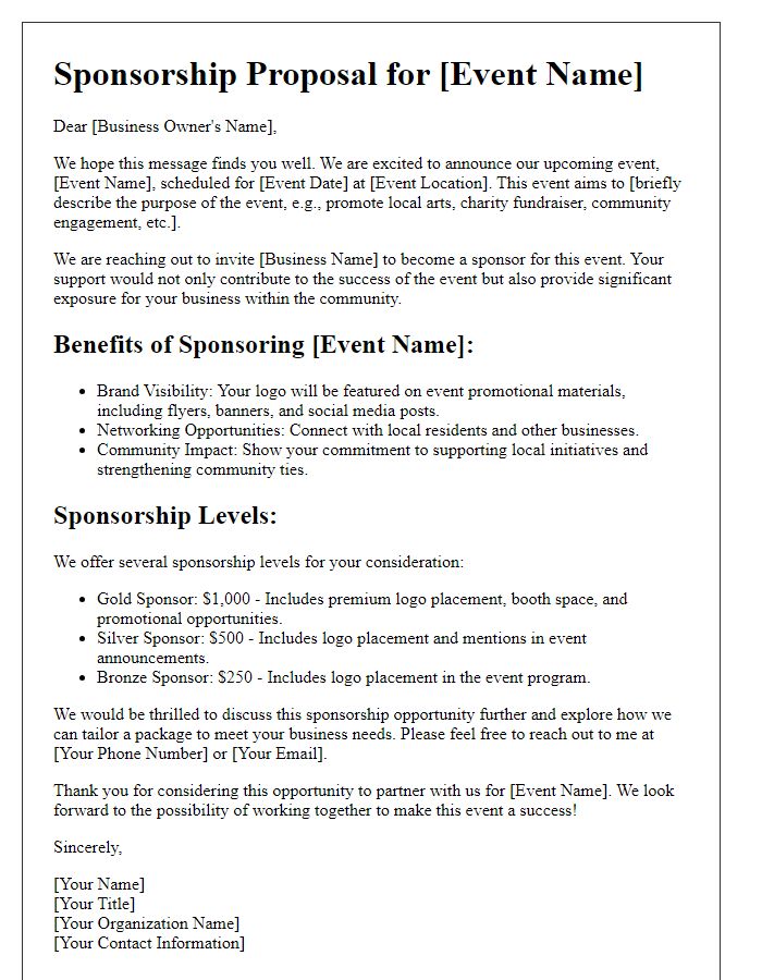 Letter template of sponsorship proposal for local events to small business