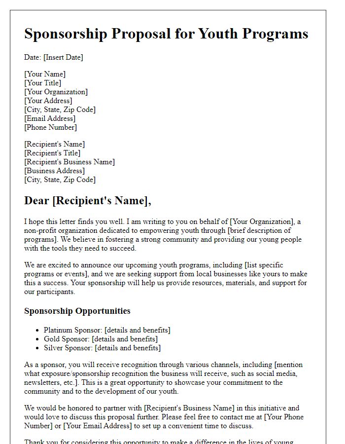 Letter template of sponsorship proposal for youth programs to small business