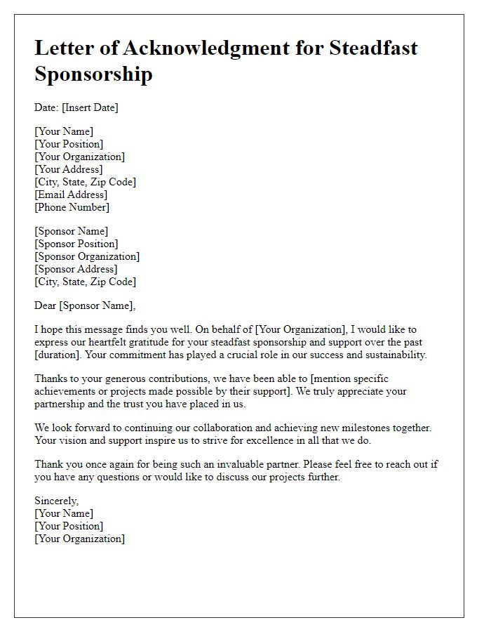 Letter template of acknowledgment for steadfast sponsorship