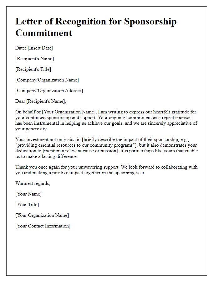 Letter template of recognition for repeat sponsorship commitment