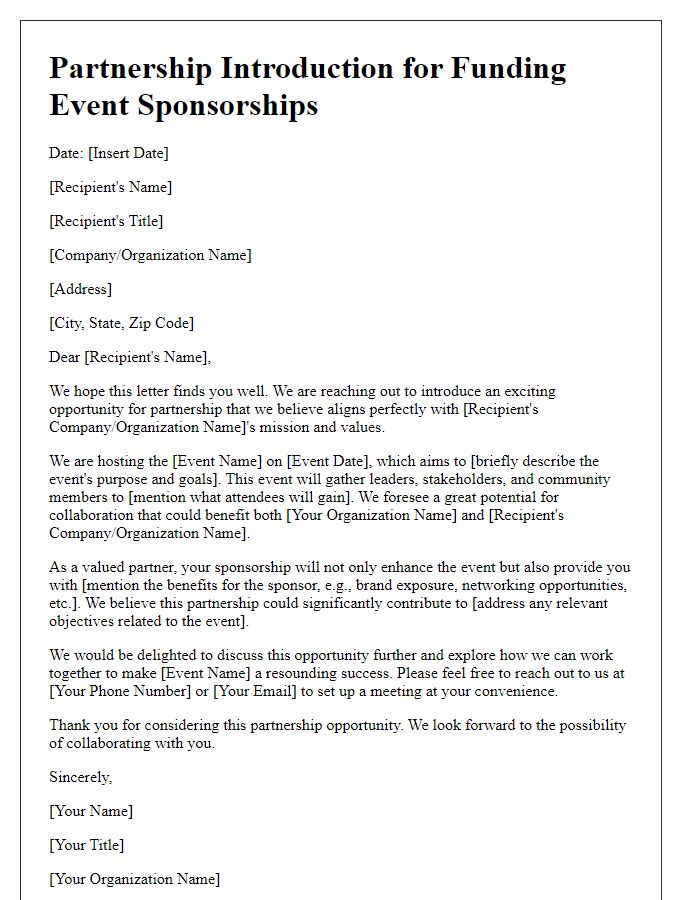 Letter template of partnership introduction for funding event sponsorships.