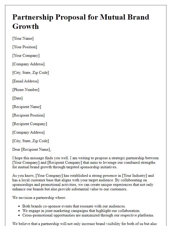 Letter template of partnership proposal for mutual brand growth through sponsorship.