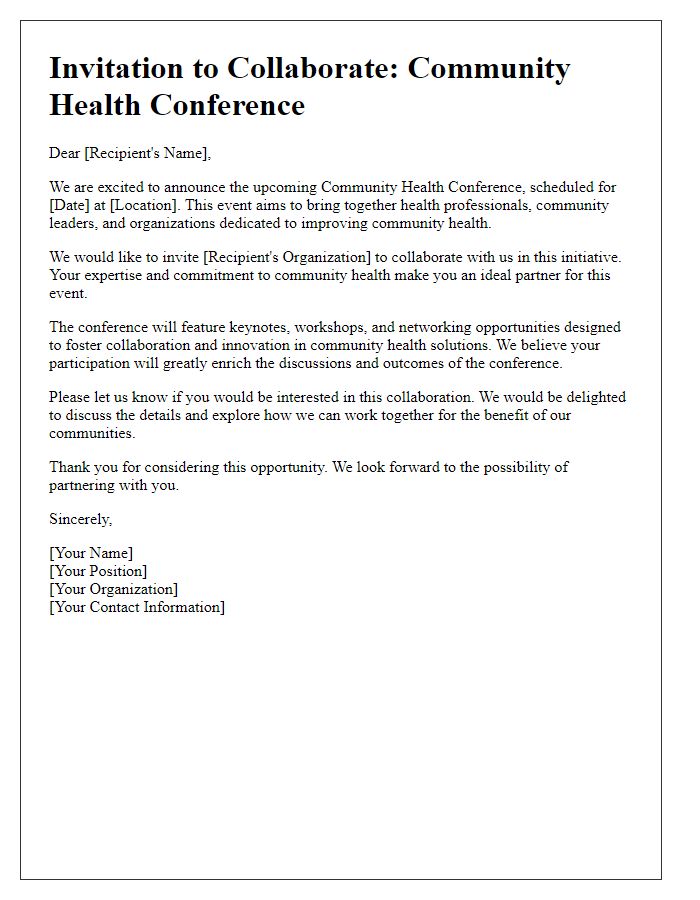 Letter template of collaboration invitation for community health conference.