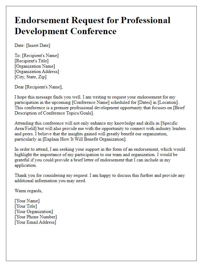 Letter template of endorsement request for professional development conference.