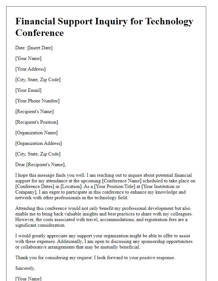 Letter template of financial support inquiry for technology conference.