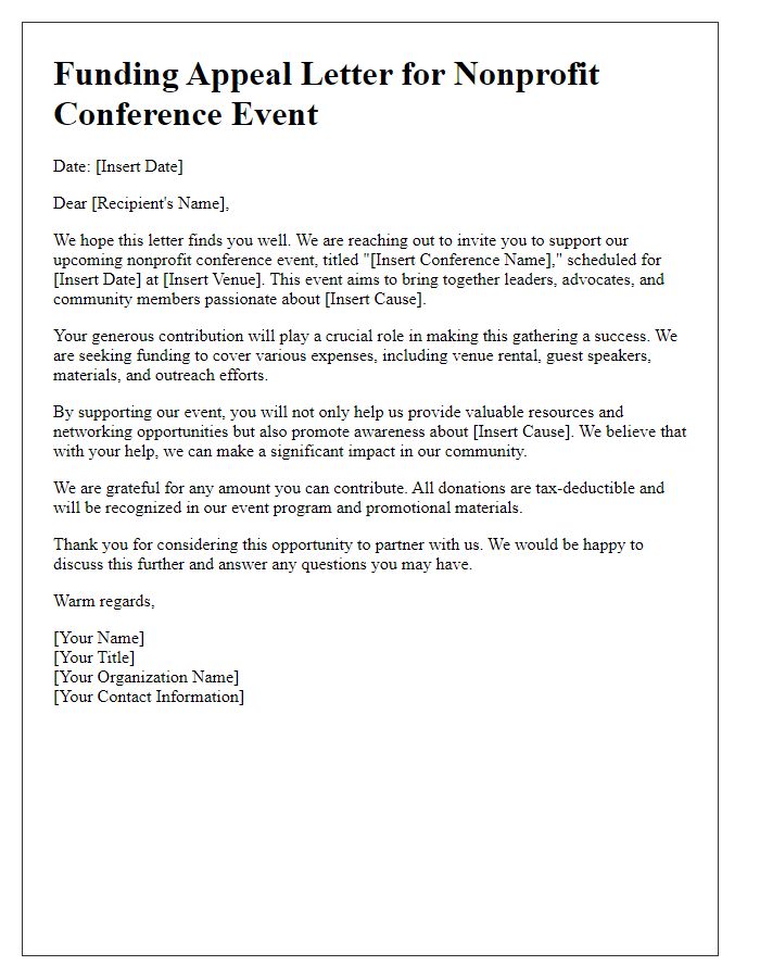 Letter template of funding appeal for nonprofit conference event.