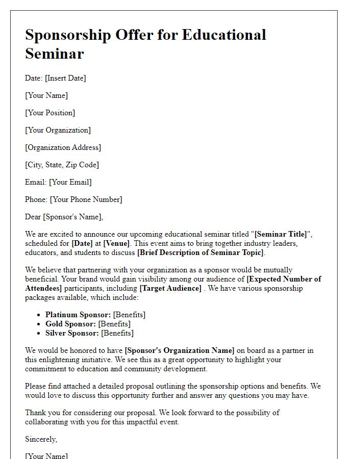 Letter template of sponsorship offer for educational seminar.