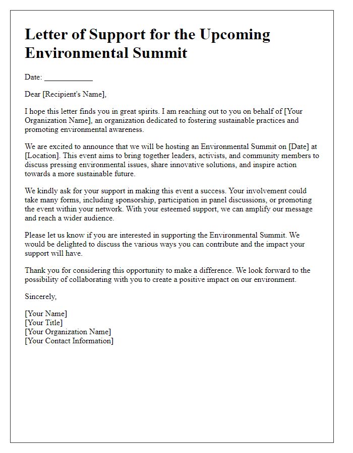 Letter template of support solicitation for environmental summit.