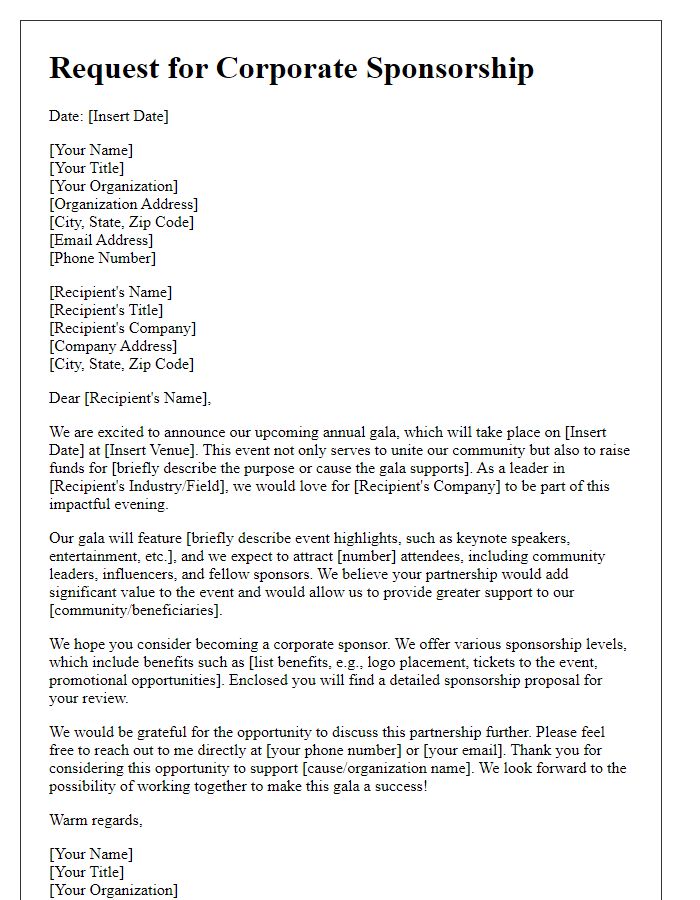 Letter template of corporate sponsorship request for annual gala.