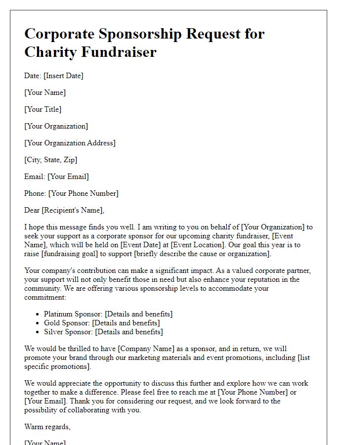 Letter template of corporate sponsorship request for charity fundraiser.