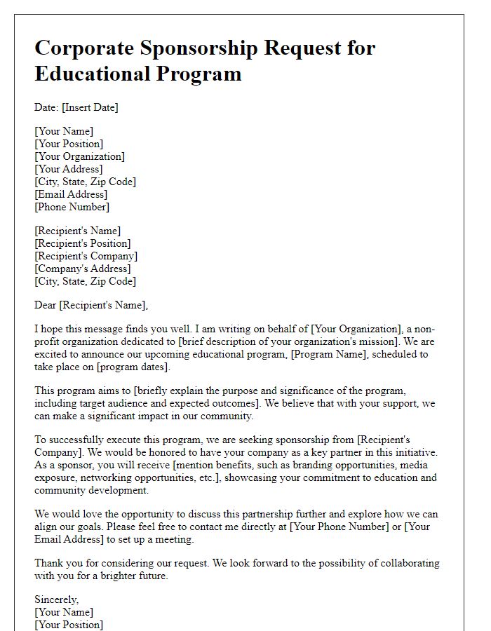 Letter template of corporate sponsorship request for educational program.