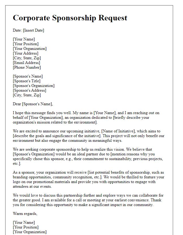 Letter template of corporate sponsorship request for environmental initiative.