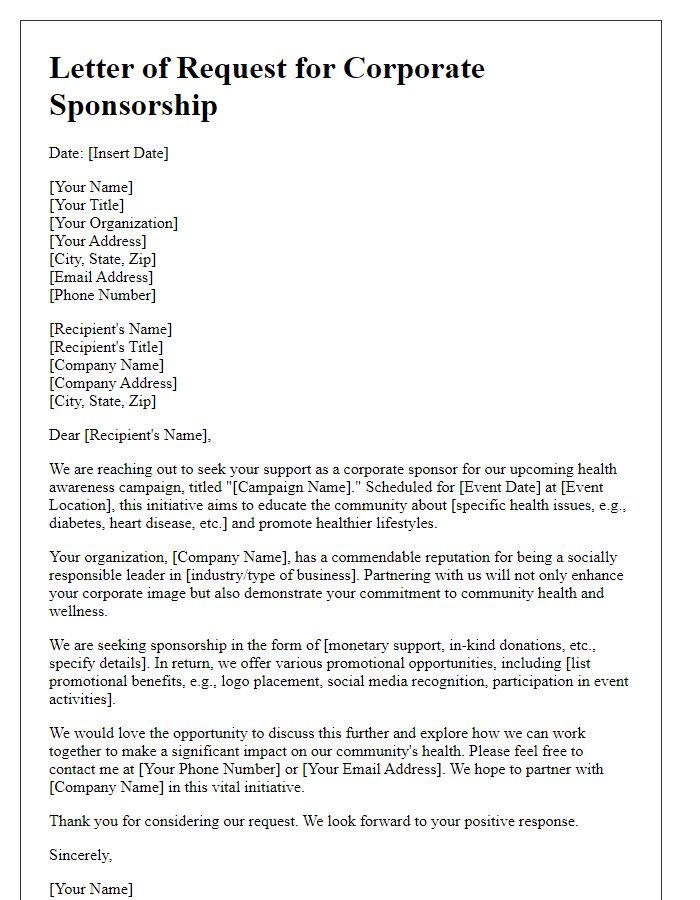 Letter template of corporate sponsorship request for health awareness campaign.