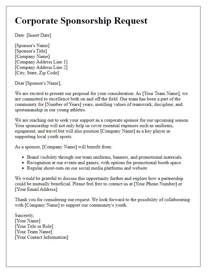 Letter template of corporate sponsorship request for sports team.