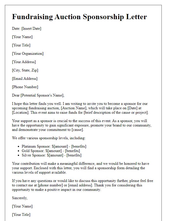 Letter template of fundraising auction sponsorship letter