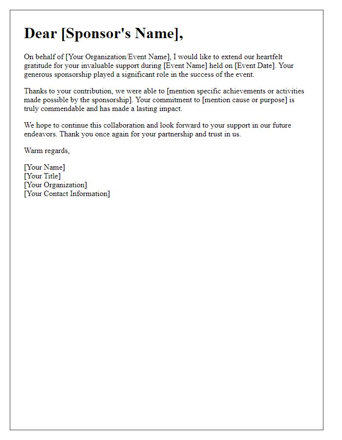 Letter template of acknowledgement to sponsors for their invaluable support at the event