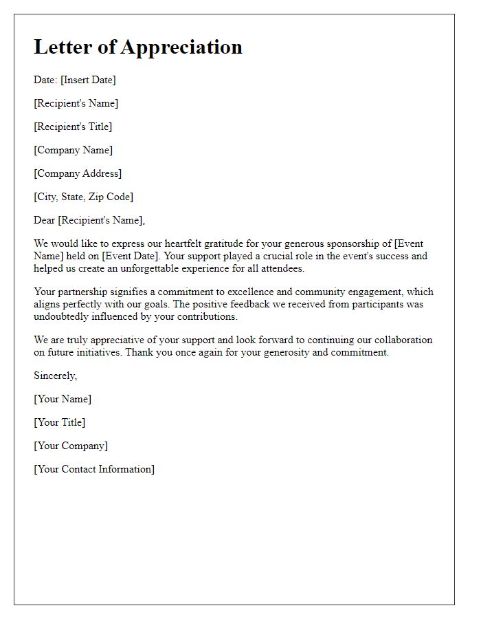 Letter template of sincere appreciation for event sponsorship from our business partners