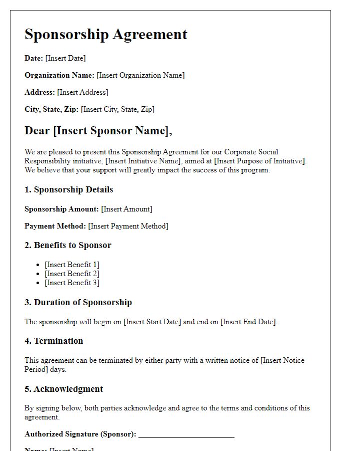 Letter template of Sponsorship Agreement for Corporate Social Responsibility Initiative