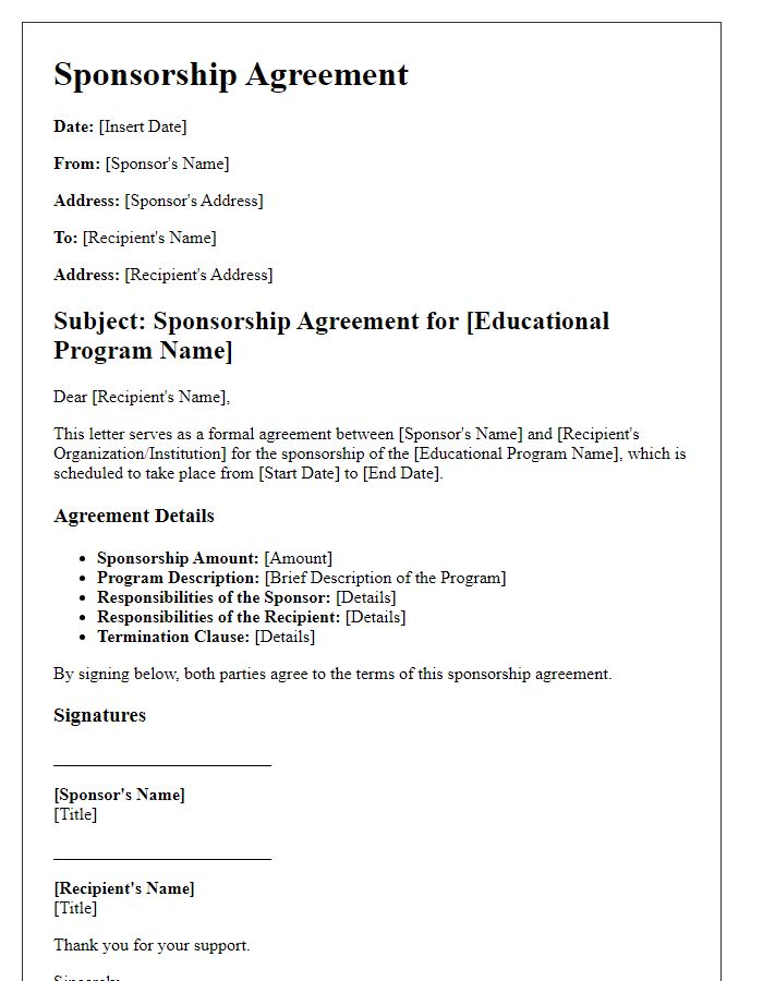 Letter template of Sponsorship Agreement for Educational Program