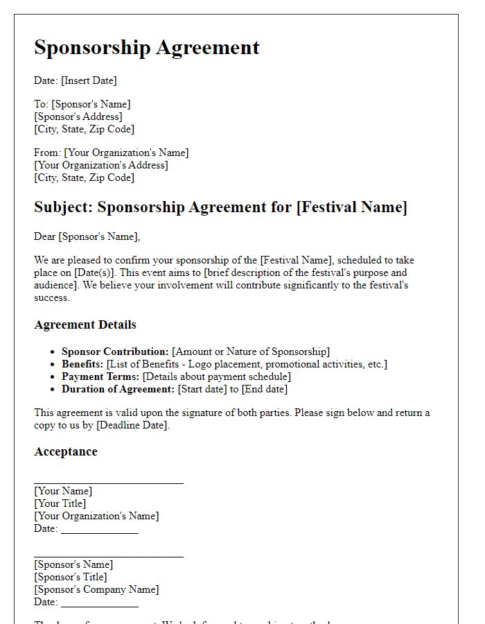 Letter template of Sponsorship Agreement for Festival Sponsorship