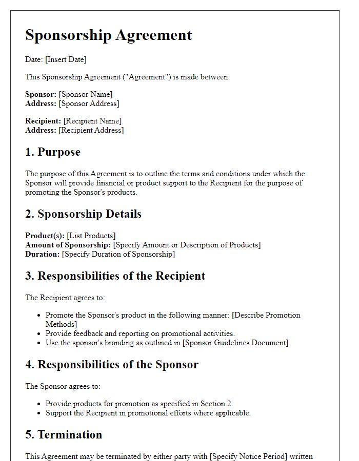 Letter template of Sponsorship Agreement for Product Promotion