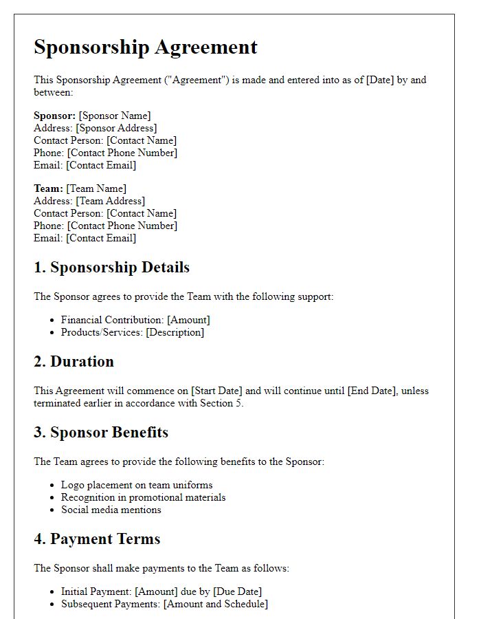 Letter template of Sponsorship Agreement for Sports Team