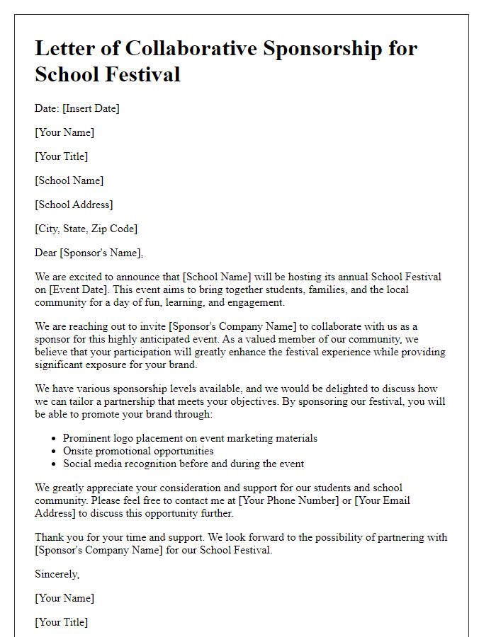 Letter template of collaborative sponsorship for school festival.