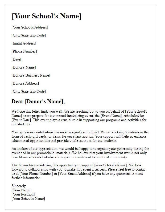 Letter template of donation request for annual school event.