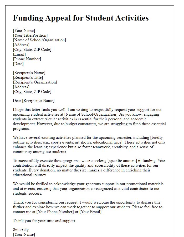 Letter template of funding appeal for student activities.