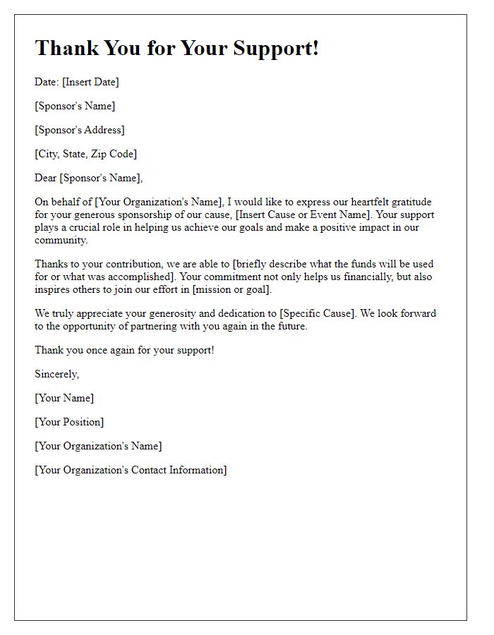 Letter template of acknowledgment for sponsoring our cause.