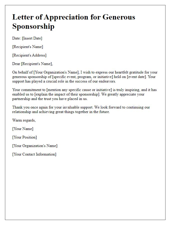 Letter template of appreciation for generous sponsorship.