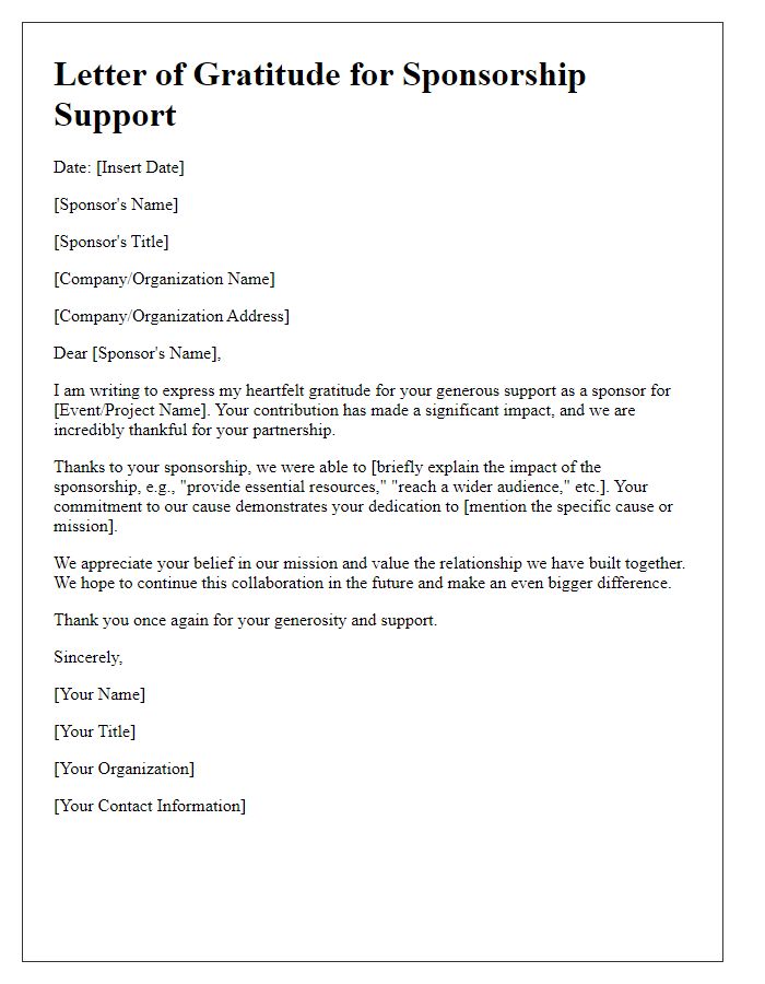 Letter template of gratitude for sponsorship support.