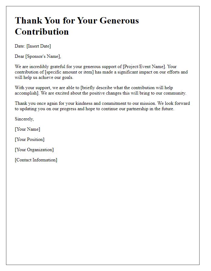 Letter template of thanks to a sponsor for their contribution.